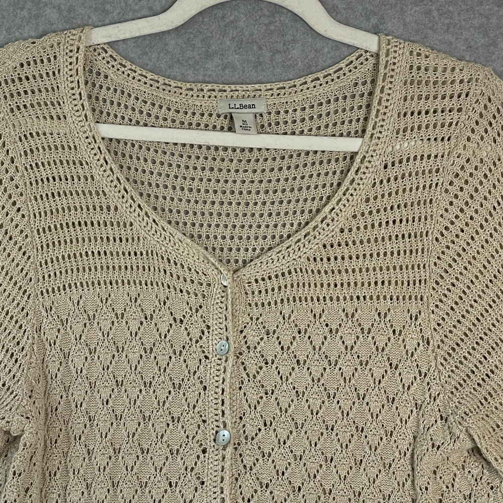 LL Bean Linen Cotton Open Knit Cardigan Beige Women Medium - Picture 3 of 10
